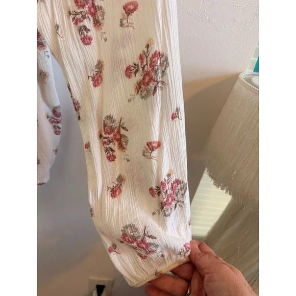 Chaps Womens Floral Gauze Peasant Blouse Cream Pink Button Front Long Sleeve L - Picture 5 of 5